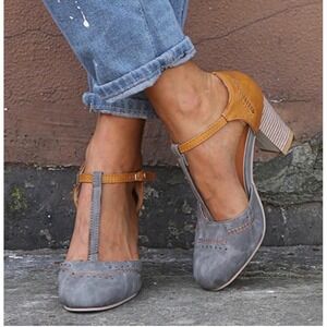 NWT Harper & Lane Women's T Strap Block Heel Shoes Grey Tan Round Toe Mary Jane